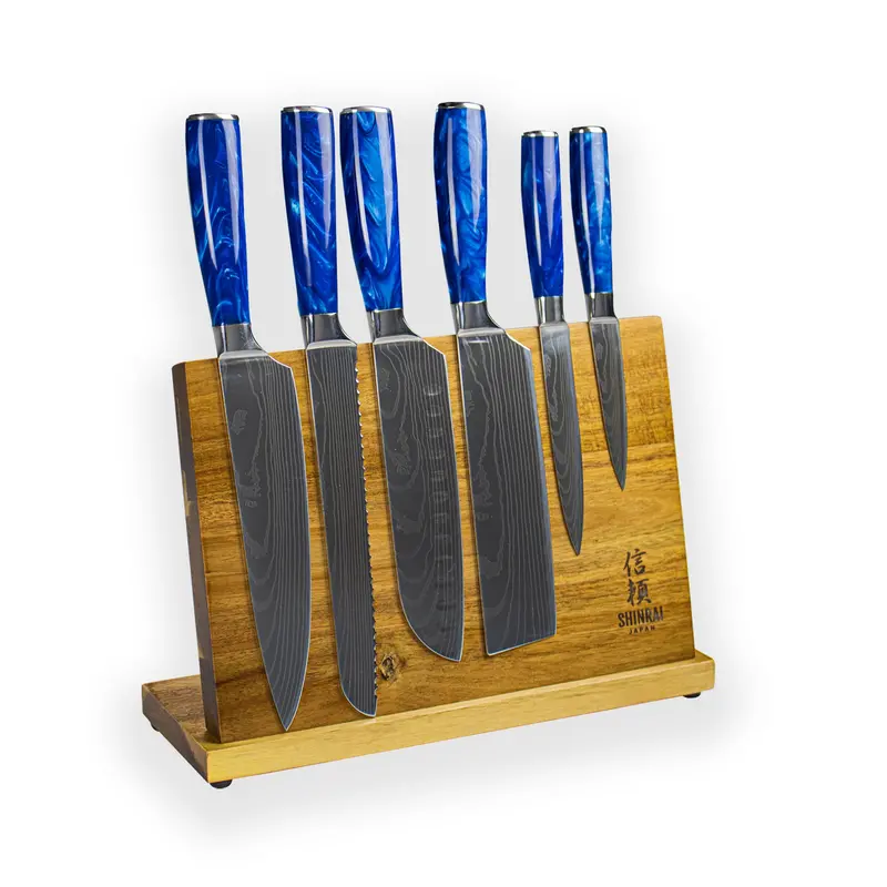 6-Piece Damascus-Print Sapphire Epoxy Knife Set With Acacia Stand 1