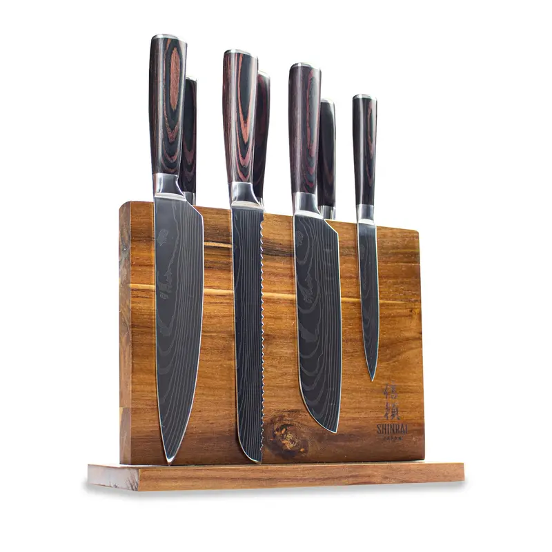 7-Piece Damascus-Print Knife Set With Acacia Wood Stand 1
