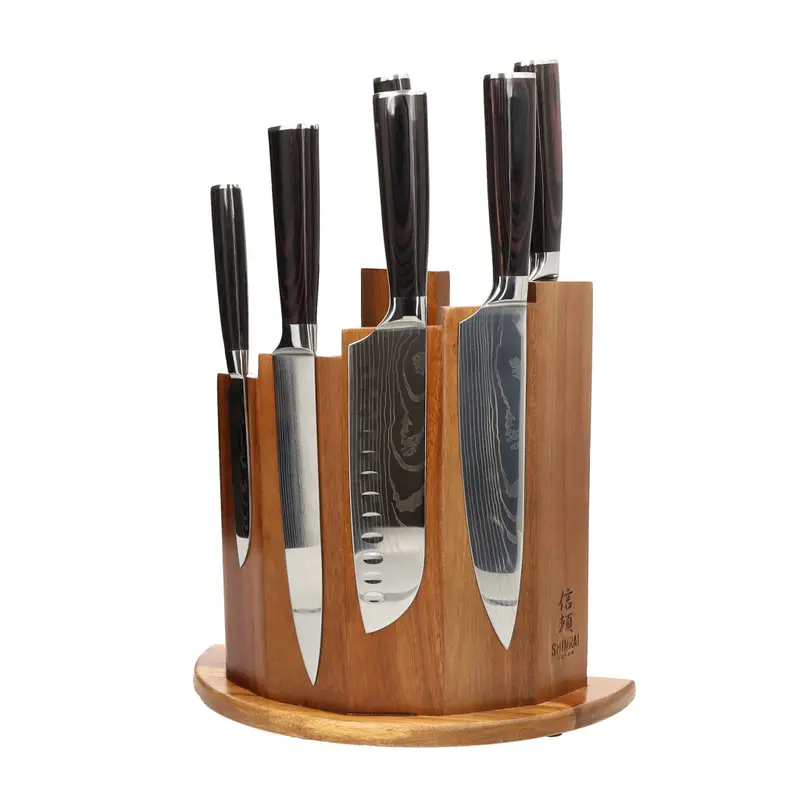 7-Piece Damascus-Style Knife Set With Acacia Wood Block 1