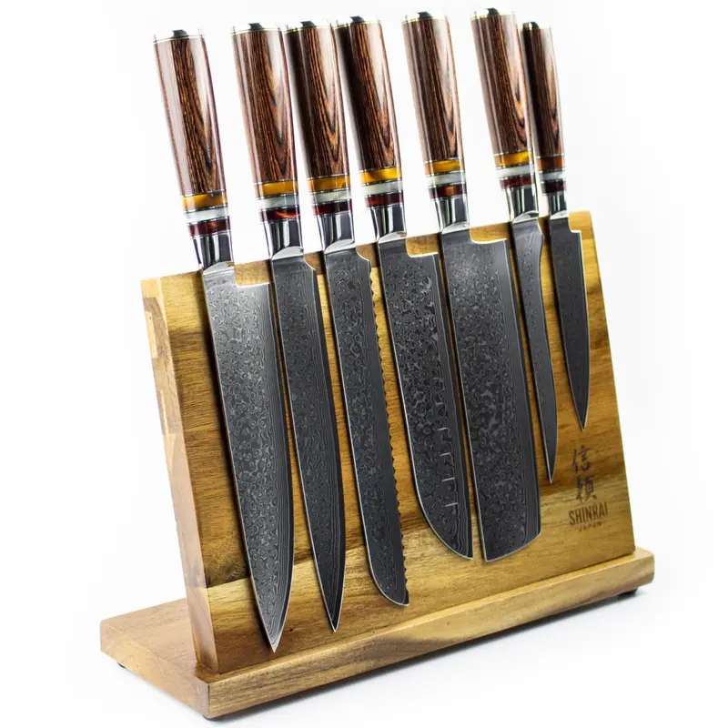 7-Piece Micarta-Inlaid Damascus Knife Set With Acacia Stand 1