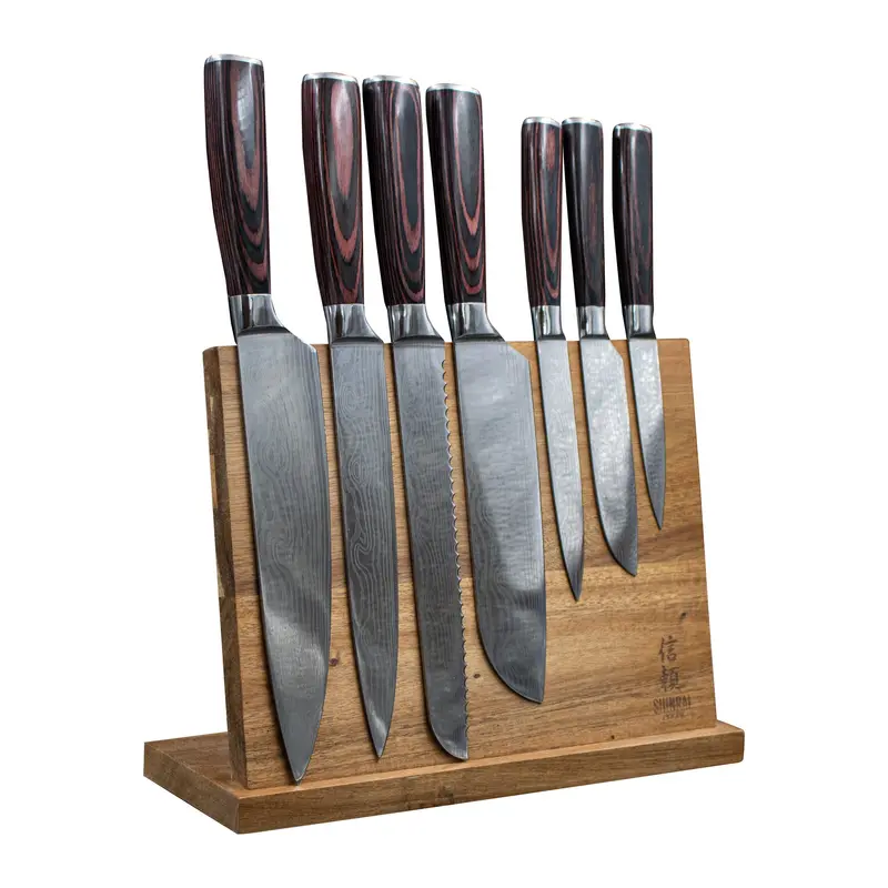 7-Piece Quality Damascus-Print Knife Set With Acacia Wood Block 1