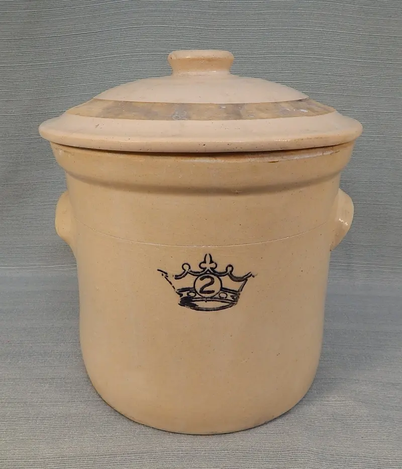 Antique Blue Crown Stoneware 2-Gallon Crock With Original Lid 1
