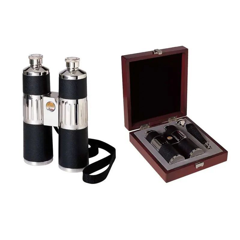 Binoculars-Shaped Stainless Steel Flask Set – 8 Oz In Wooden Box 1