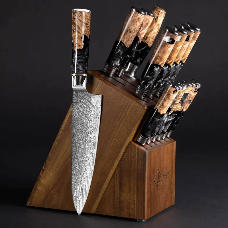 Black Tsunami 15-Piece Japanese Knife Block Set – Vg10 Damascus Blades & Resin Burl Handles 1
