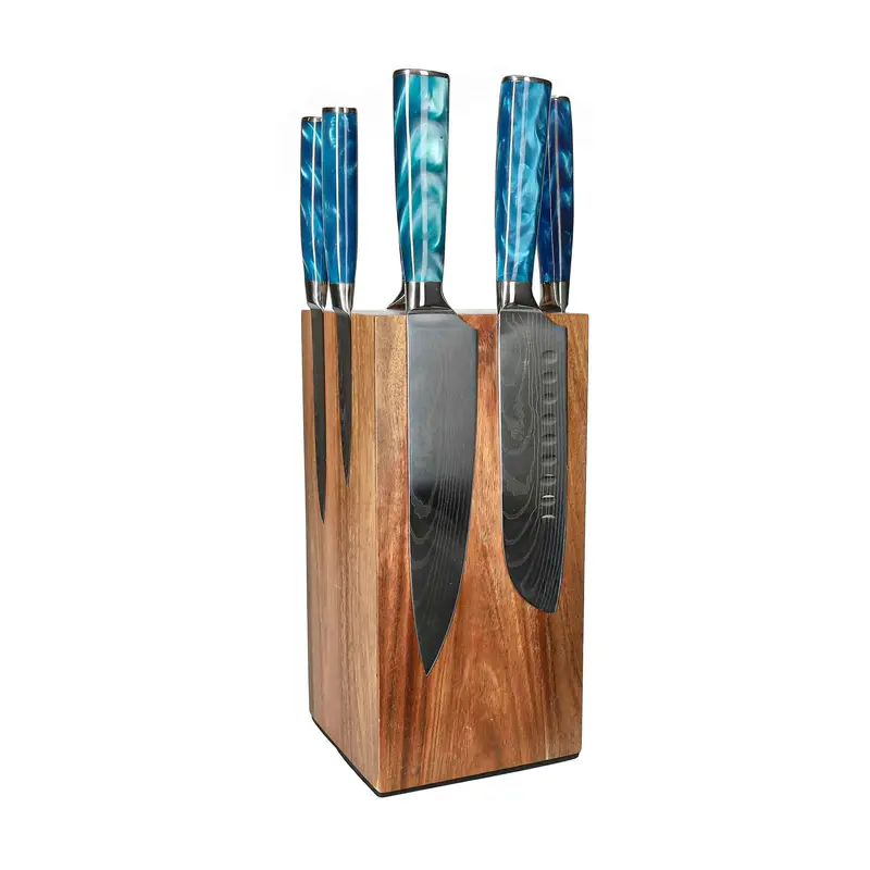 Damascus Print Sapphire Series – 6-Piece Curated Knife Set + Rotating Block 1
