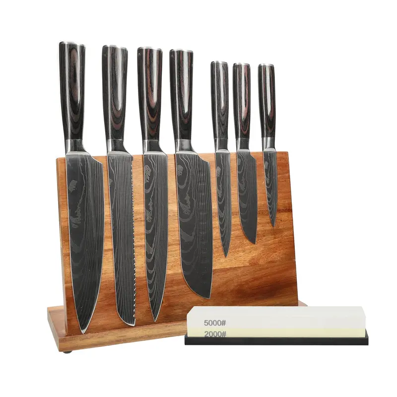 Damascus-Style 7-Piece Knife Set With Wooden Block & Dual-Grit Sharpening Stone 1
