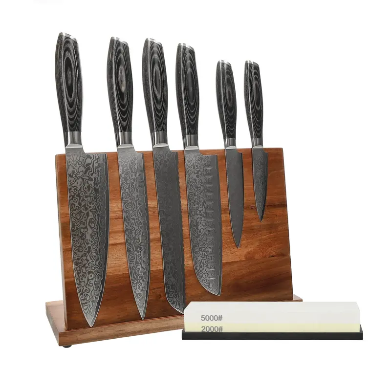 Damask Pakka Wood 6-Piece Chef Knife Set With Acrylic Block & Natural Sharpening Stone 1