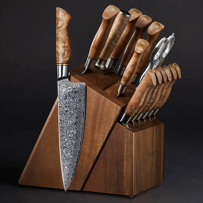 Dynasty 16-Piece Vg10 Damascus Knife Set — Complete Block Kit With Sycamore Handles 1