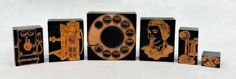 Early 20Th-Century Telephone Printing Transfer Stamps On Wooden Blocks – Lot Of 6 1