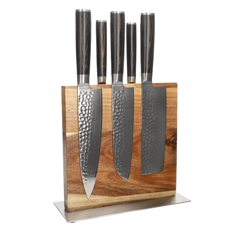 Hammered Damask Br 5-Piece Knife Set With Cito Double-Sided Magnetic Block 1