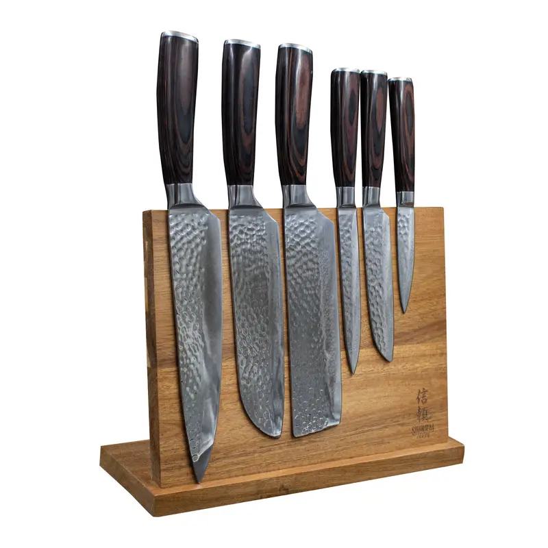 Hammered Stainless Steel 6-Piece Knife Set With Acacia Wood Holder 1