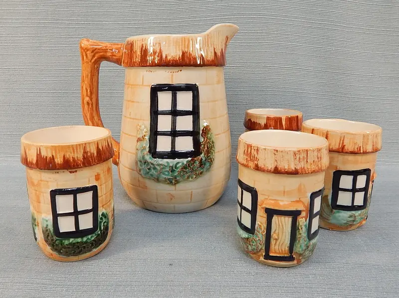 Postwar Japanese Cottage Ware Tea Set – Pitcher And Matching Cups, Vintage Ceramic 1