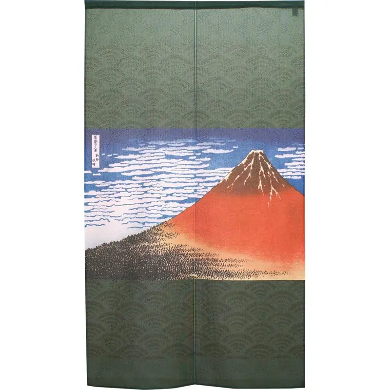 Red Fuji Noren Curtain Featuring Hokusai’S Iconic Landscape – Green Version (150X85Cm) 1