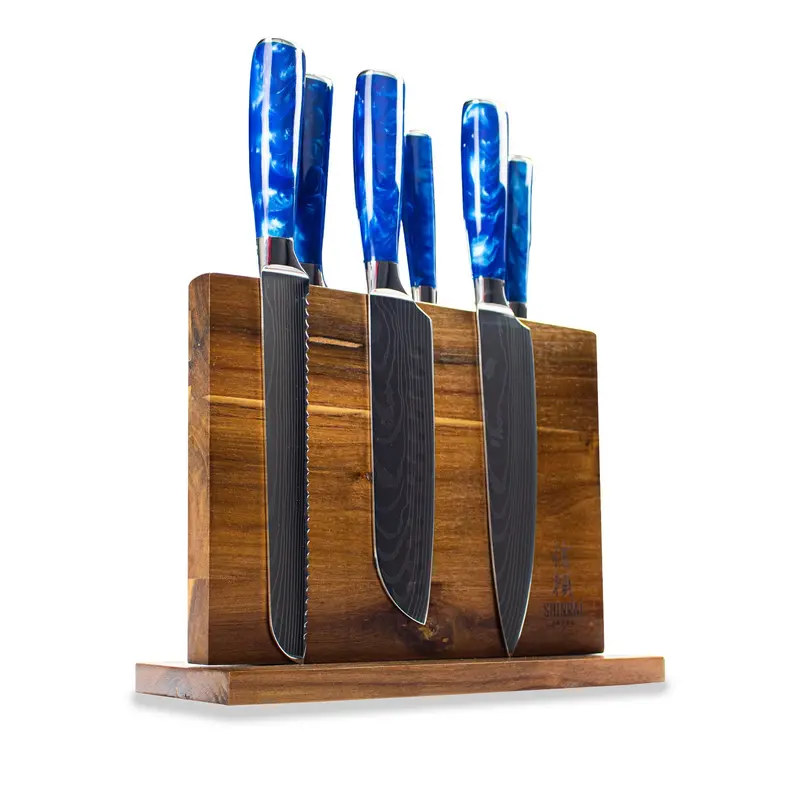 Sapphire Epoxy Damascus 6-Piece Knife Set With Acacia Wood Holder 1