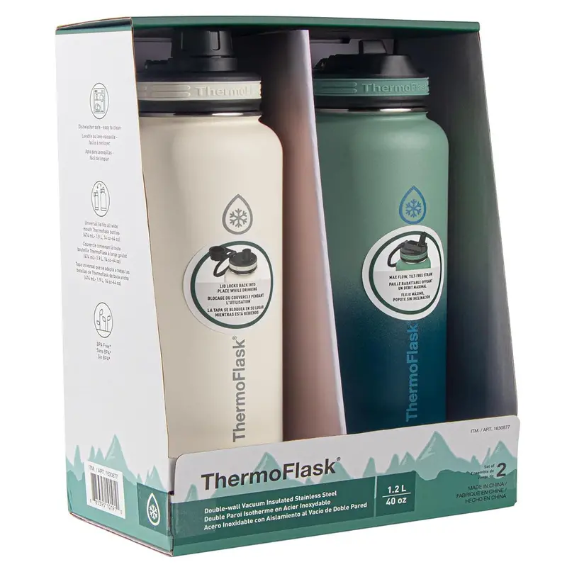 Thermoflask 40Oz Double-Wall Stainless Steel Water Bottles – 2-Pack With Straw & Spout Lids 1