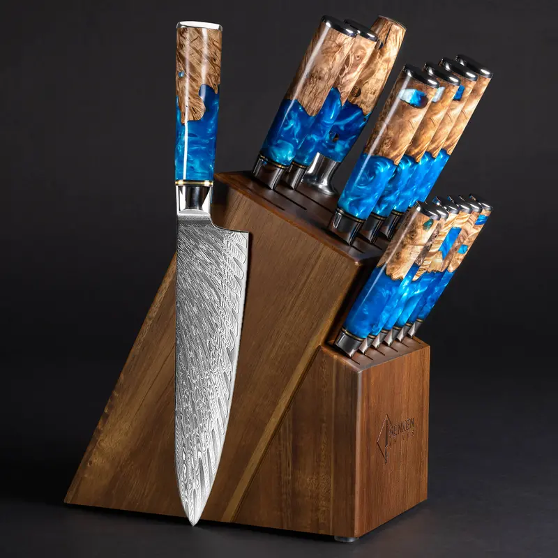 Tsunami 15-Piece Knife Block Set — Vg10 Damascus Collection, Blue Resin Burl Handles 1