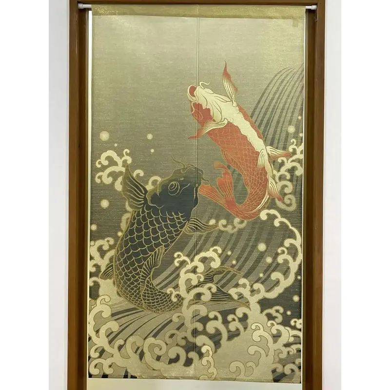 Ukiyo-E Inspired Noren Curtain – Gold-Thread Embroidered Japanese Door Hanging 1