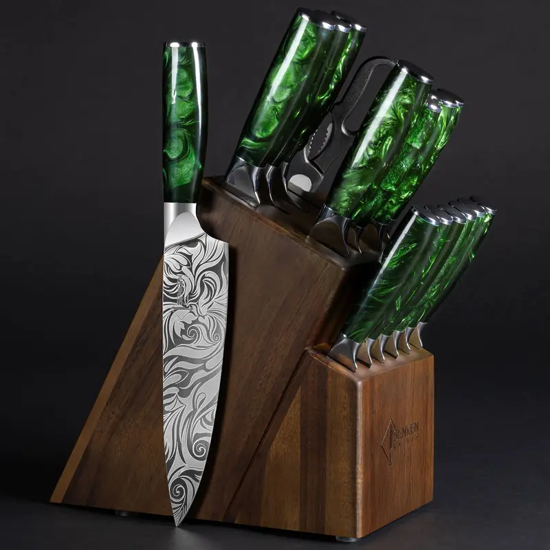 Wasabi 16-Piece Knife Block Set — High-Carbon Steel, Emerald Green Resin Handle Collection 1